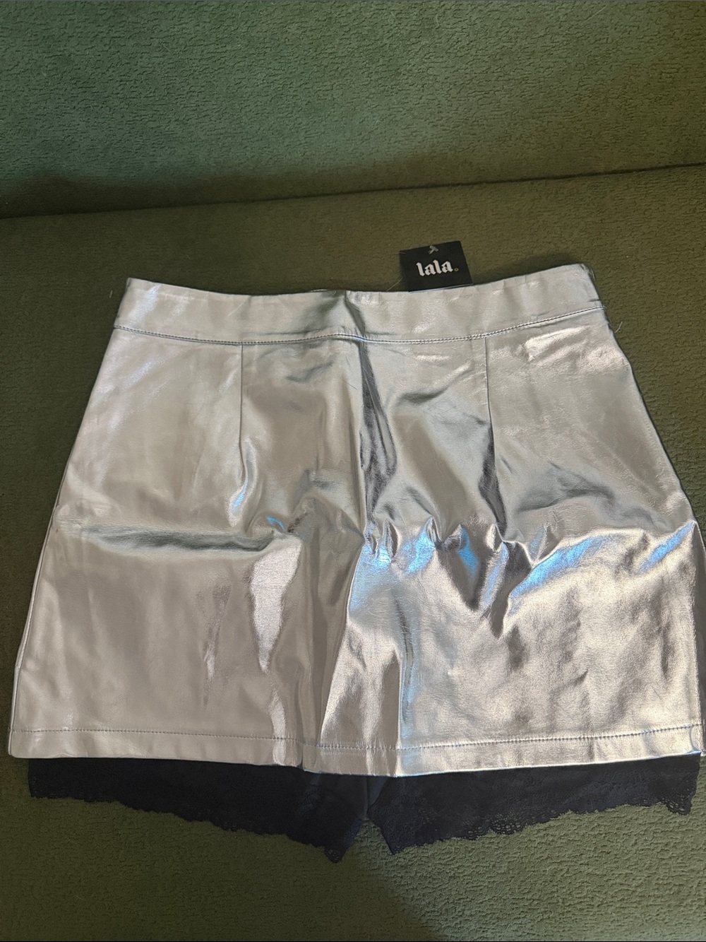 Dressed in LALA Silver Metallic Mini Skirt with Black Lace Hem